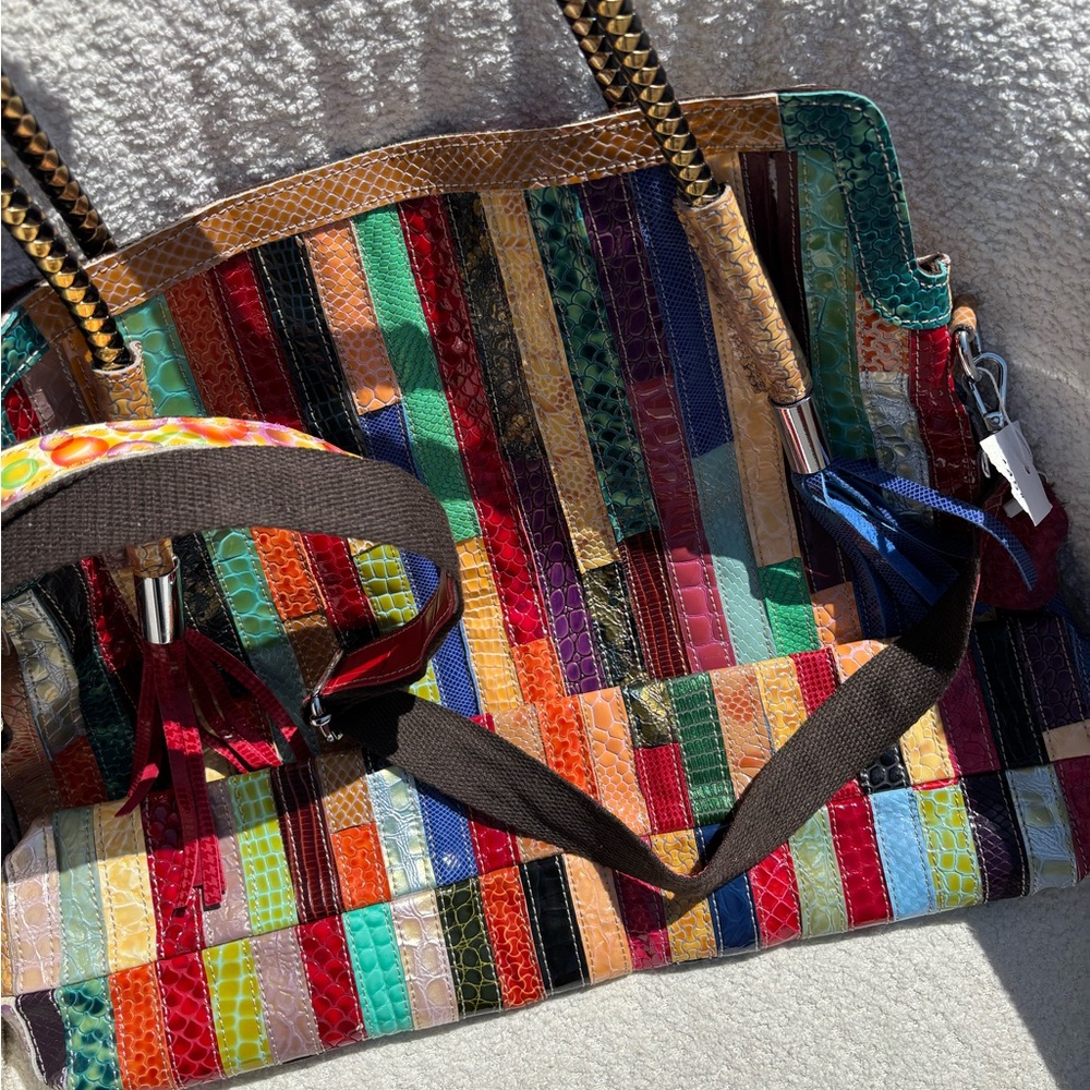 Multicolor Patchwork Leather Tote Bag with Tassel… - image 6